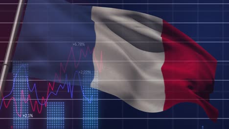 Animation-of-waving-france-flag-over-financial-data-processing