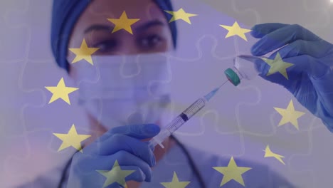 Animation-of-flag-of-eu-over-biracial-female-doctor-with-vaccine