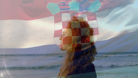 Zusammengesetztes-Video,-In-Dem-Kroatien-Einer-Kaukasischen-Frau-Zuwinkt,-Die-Am-Strand-Steht