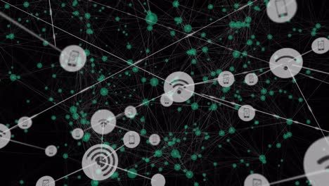 Animation-of-network-of-connections-with-icons-on-black-background