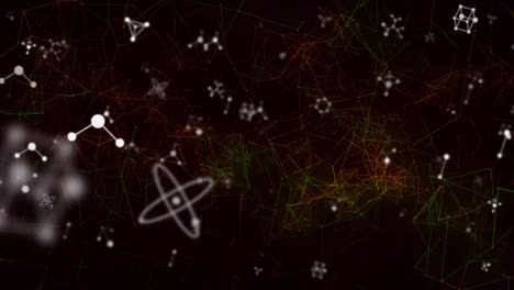Animation-of-falling-molecules-and-network-of-connections-over-black-background