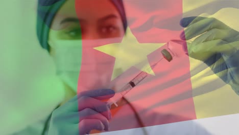Animation-of-flag-of-cameroon-over-african-american-female-doctor-wearing-face-mask