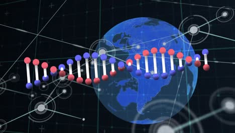 Animation-Des-Netzwerks-Von-Verbindungen-über-Den-Globus-Und-Den-DNA-Strang