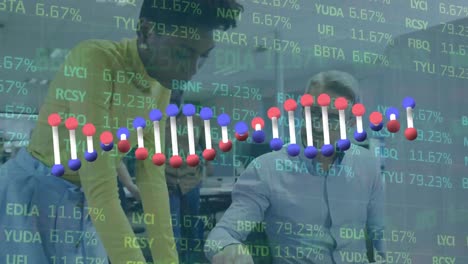 Animation-of-dna-strand-spinning-and-data-processing-over-empty-warehouse