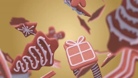 Animation-Von-Lebkuchen,-Die-Zu-Weihnachten-Auf-Orangefarbenem-Hintergrund-Fallen