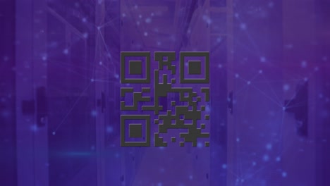 Animation-of-qr-code-and-network-of-connections-over-server-room