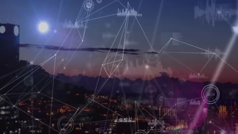 Animation-Der-Datenverarbeitung-Mit-Einem-Netzwerk-Von-Verbindungen-über-Dem-Stadtbild