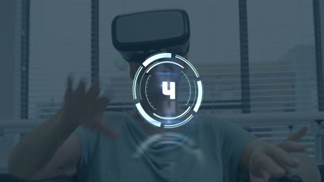 Animation-of-countdown-in-circle-over-senior-caucasiaan-woman-gesturing-using-vr-headset-at-home