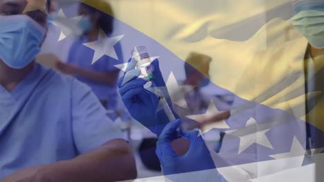 Animation-of-flag-of-bosnia-and-herzegovina-over-african-american-female-doctor-with-vaccine