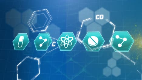 Animation-of-medical-icons-and-chemical-formula-with-data-processing-over-blue-background