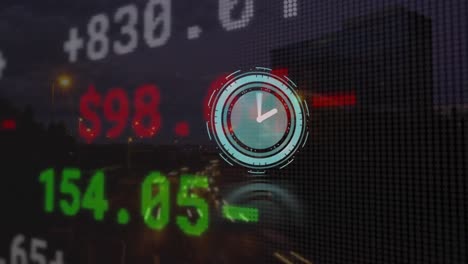 Animation-of-moving-clock-and-stock-market-over-cityscape