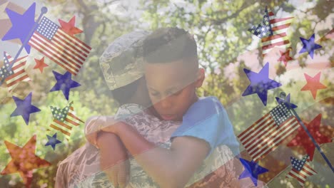 Animation-of-national-flag-of-america-over-african-american-solider-hugging-son-after-returning-home