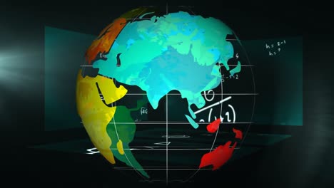 Digital-animation-of-globe-icon-spinning-over-globe-against-black-background