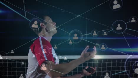 Animation-of-network-of-connections-with-icons-over-caucasian-male-football-player-at-stadium