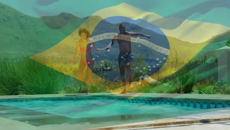 Animation-Von-Winkenden-Brasilianern-über-Einem-Glücklichen-Afroamerikanischen-Paar,-Das-Im-Pool-Schwimmt
