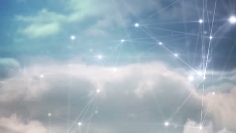 Animation-of-dots-connecting-with-lines-and-lens-flare-over-cloudscape