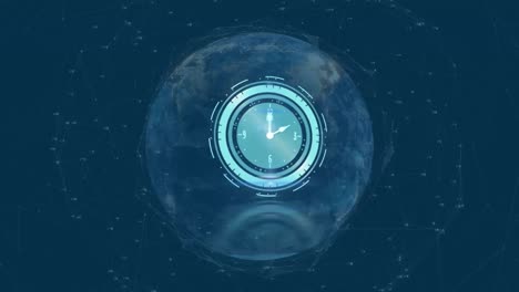 Animation-Der-Uhr,-Die-Sich-über-Globusverbindungen-Und-Symbole-Auf-Marineblauem-Hintergrund-Bewegt
