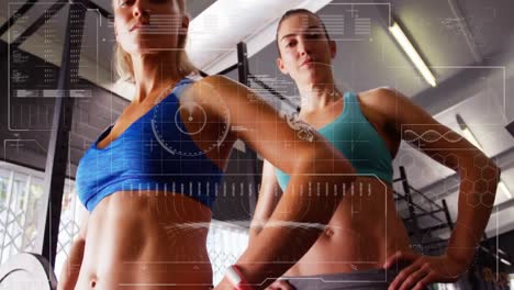 Animation-of-data-processing-over-caucasian-women-in-gym