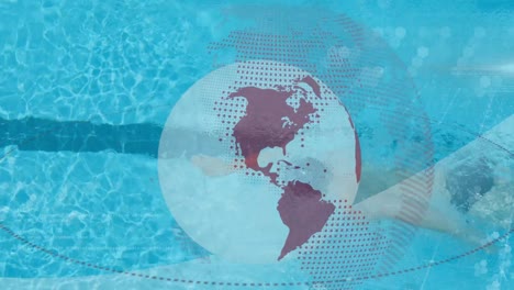 Animation-Des-Globus-über-Einem-Kaukasischen-Männlichen-Schwimmer-Im-Pool