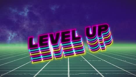 Animation-of-level-up-text-over-lines-on-purple-background