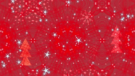 Animation-of-snow-falling-over-big-snowflake-on-red-background
