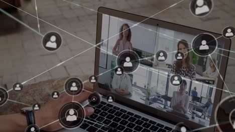 Animation-of-network-of-connections-over-diverse-business-people-having-video-call