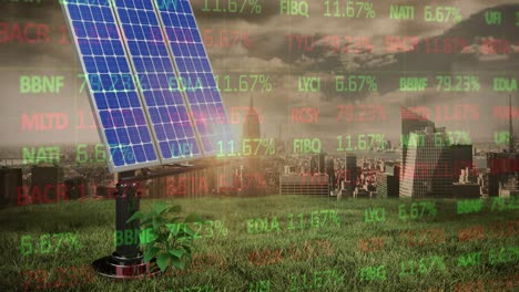 Animation-of-data-processing-and-cityscape-over-solar-panels