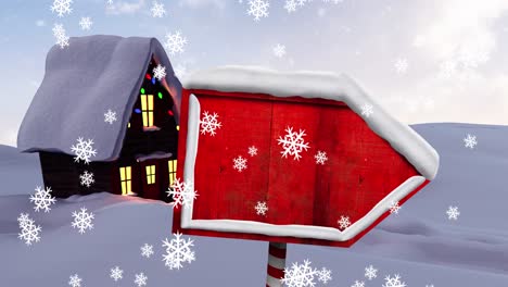 Animation-of-snow-falling-and-house-at-christmas-over-wooden-sign-with-copy-space