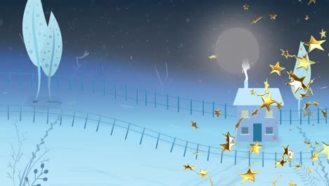 Animation-Von-Sternen,-Die-über-Die-Weihnachtslandschaft-Fallen
