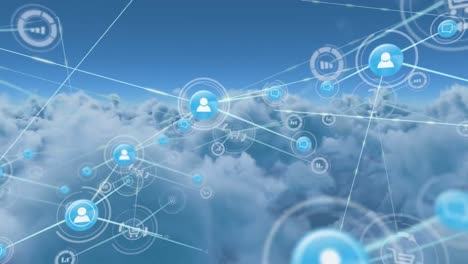 Animation-of-network-of-digital-icons-over-clouds-in-the-blue-sky