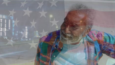Animation-of-flag-of-usa-over-senior-african-american-man
