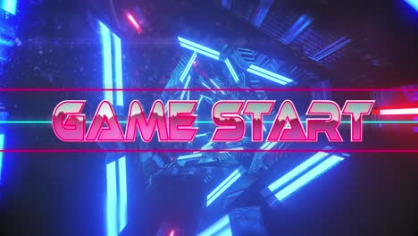 Animation-of-game-start-text-banner-over-neon-blue-tunnel-in-seamless-pattern-on-black-background
