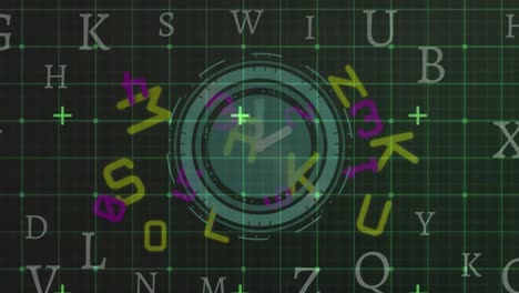Animation-Von-Buchstaben-über-Einer-Beweglichen-Uhr-Auf-Schwarzem-Hintergrund