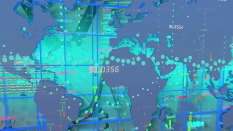 Animation-Der-Finanzdatenverarbeitung-über-Einer-Weltkarte-Auf-Blauem-Hintergrund