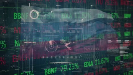 Animation-of-financial-data-processing-and-stock-market-over-flag-of-russia