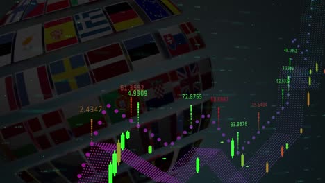 Animation-of-data-processing-over-globe-of-national-flags