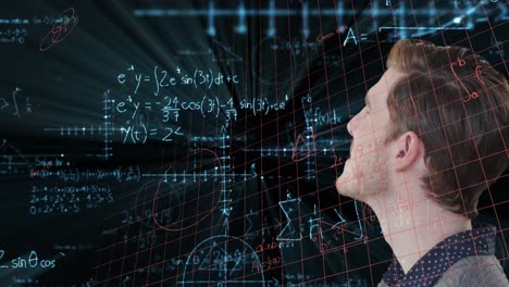 Animation-of-mathematical-equations-over-thoughtful-caucasian-businessman-against-black-background