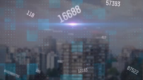 Animation-of-glowing-squares,-numbers-and-moving-lens-flare-over-cityscape-and-clear-sky