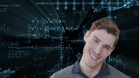 Animation-Mathematischer-Gleichungen-über-Einem-Kaukasischen-Geschäftsmann,-Der-Vor-Schwarzem-Hintergrund-Lächelt