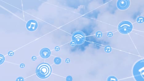 Animation-of-network-of-digital-icons-against-clouds-in-the-blue-sky