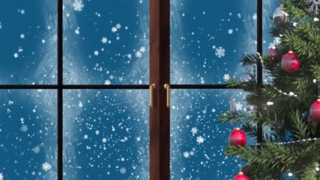 Animación-Del-árbol-De-Navidad,-Ventana-Y-Nieve-Cayendo-Afuera