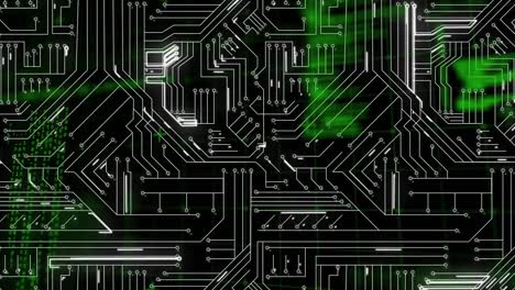 Animation-of-computer-circuit-board-over-data-processing-on-black-background
