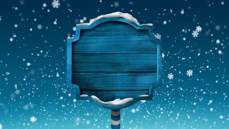 Animation-of-snowflakes-and-wooden-board-with-copy-space-on-blue-background