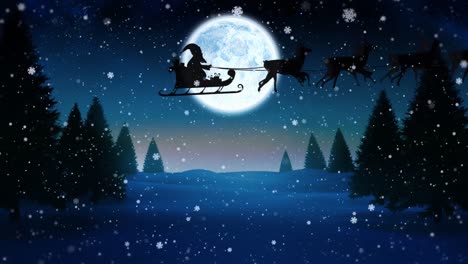 Animation-of-snowflakes-and-santa-sleigh-over-night-winter-landscape