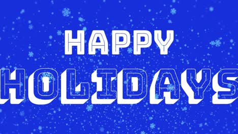Animation-of-happy-holidays-over-snow-falling-on-blue-background