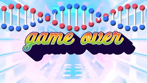 Animation-of-game-over-text-over-light-trails-and-dna-strand-on-white-background