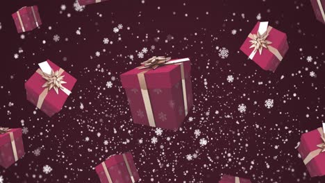 Animation-of-snowflakes-and-falling-presents-on-dark-red-background