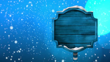 Animation-of-snowflakes,-dots-and-wooden-board-with-copy-space-on-blue-background