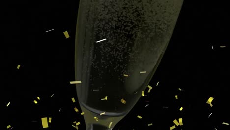 Animation-of-hello-over-confetti-and-glass-of-champagne