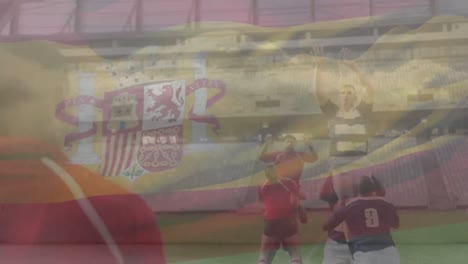 Animación-De-La-Bandera-De-España-Sobre-Diversos-Jugadores-De-Rugby-En-El-Estadio.